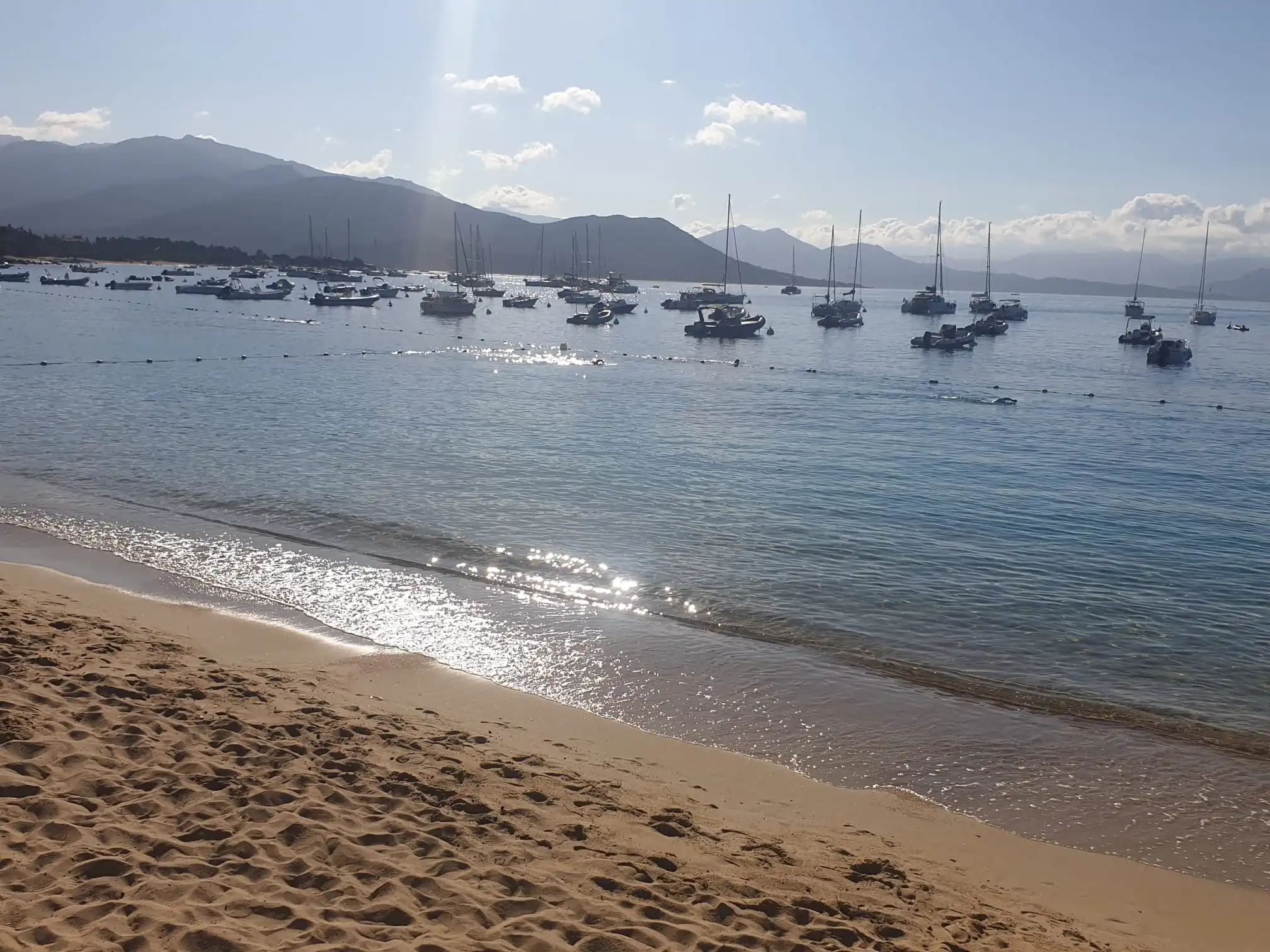 Vue sur la plage de Porto Pollo en Corse-du-Sud avec ses bateaux au mouillage, cadre des cours du club LESEA.