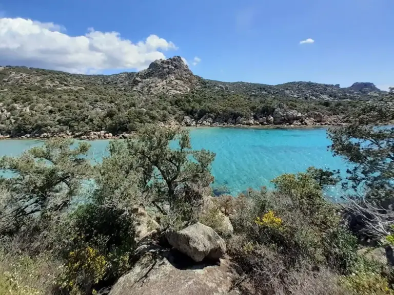 Une crique isolée à l'eau turquoise cristalline en Corse, encadrée par des buissons de maquis vert et des rochers massifs au premier plan. À l'arrière-plan, une montagne rocheuse s'élève sous un ciel bleu.