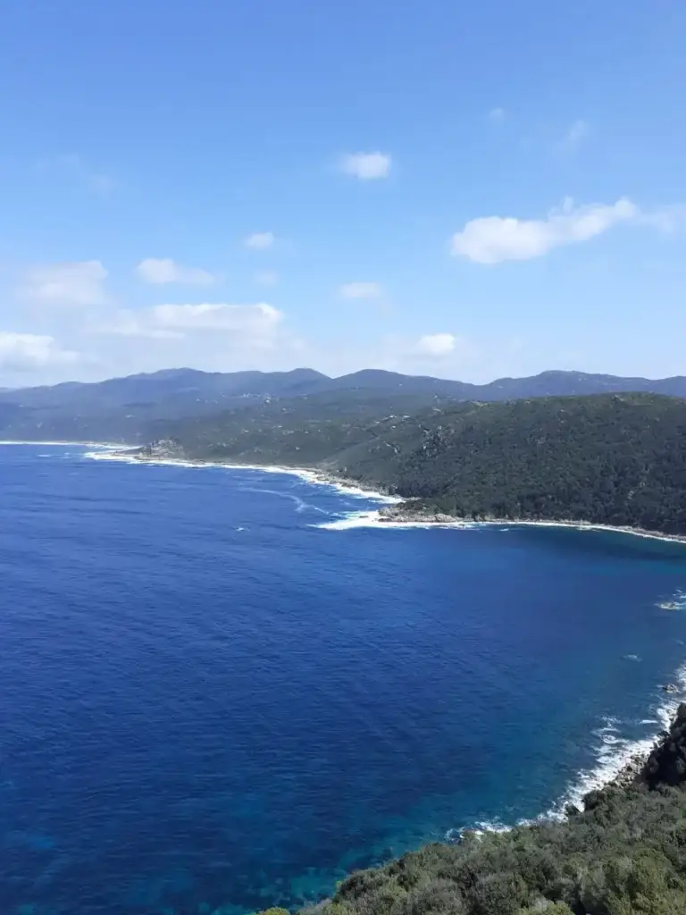 Une vaste baie d'eau bleu saphir en Corse avec des vagues blanches se brisant sur une côte sauvage et boisée. Au loin, des montagnes escarpées se détachent sous un ciel bleu parsemé de nuages blancs.
